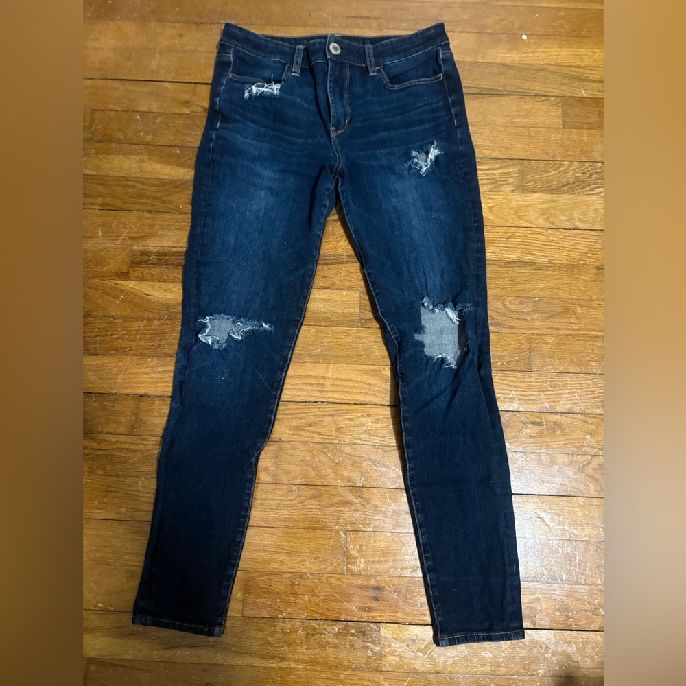 American Eagle Outfitters Dark Blue Distressed Skinny Jeans Size 10